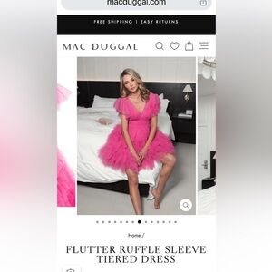 Mac Duggal Pink Flutter Ruffle Sleeve Tiered Dress